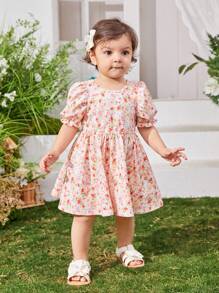 SHEIN Baby Girl Casual Summer Holiday Dress With Floral Print And Bow Tie Short Sleeve