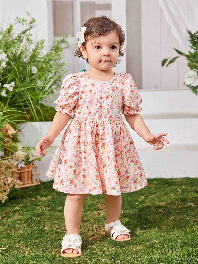 Baby Girl Casual Summer Holiday Dress With Floral Print And Bow Tie Short Sleeve