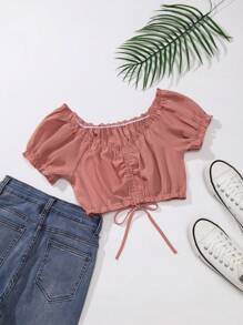 SHEIN Unity Màu thuần Quần skinny Áo sơ mi Với Xếp Và Dây rút - Hồng - Xem 1