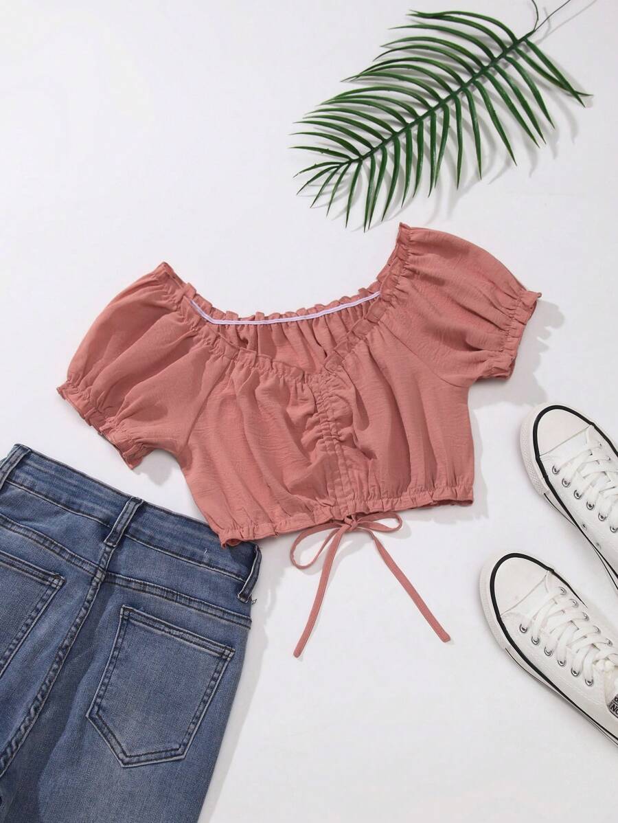 SHEIN Unity Màu thuần Quần skinny Áo sơ mi Với Xếp Và Dây rút - Hồng - Xem 1