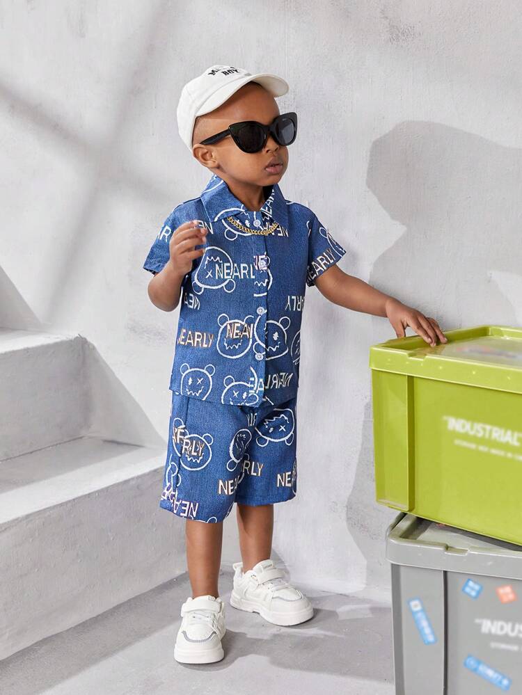 Baby Boy'S Casual Face Pattern Short Sleeve Shirt And Shorts Set, Summer