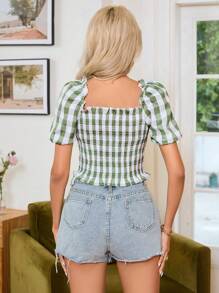 Aveloria 女款格紋印花泡泡袖襯衫 - 彩色 - 查看 2