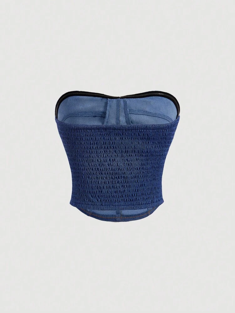 Floral Decoration Strapless Crop Top With 3d Design,Country Concert Tops,Denim Effect