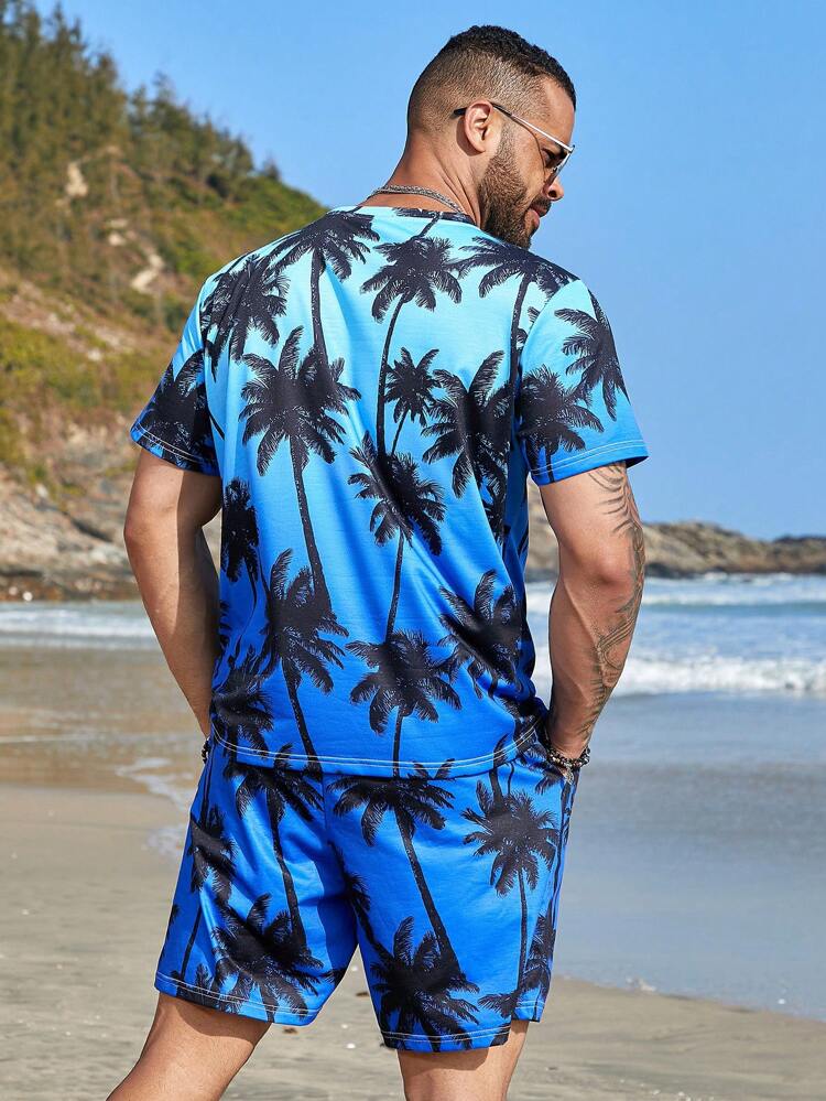 Men's Plus Size Coconut Tree Print Ombre T-Shirt And Shorts Set