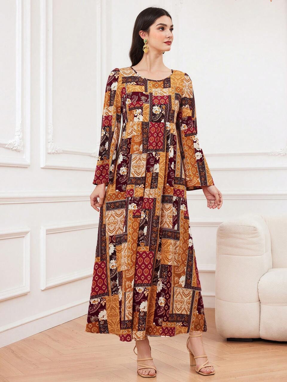 Women's Patchwork Printed Bubble Sleeve Arabic Style Dress