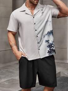 Manfinity Homme Men's Plus Size Mountain And Water Painting Printed Shirt With Solid Color Shorts 2pcs/Set