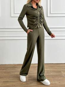 EURMUSE Khaki Two Pieces Sets - Khaki - View 4