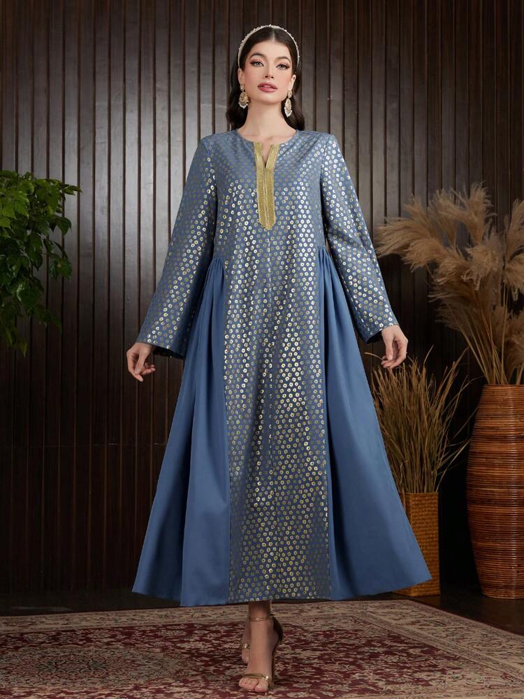 Women's Gold Print Contrast Trim Belted Flared Sleeve Dress