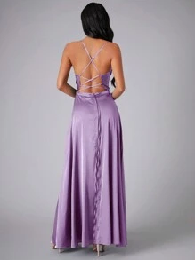 SHEIN Belle 伴娘礼服，带围脖领、侧开衩和细肩带，优雅正式晚会舞会婚礼宾客礼服，适合毕业典礼、晚宴派对礼服 - 紫丁香色 - 查看 3
