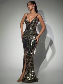 Váy dạ hội dự tiệc cưới thanh lịch, cổ chữ V, dây mảnh lấp lánh, hở lưng, xẻ tà, viền đuôi cá, váy hai dây - Vàng - Xem 6