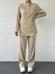 EURMUSE Women's Button Front Long Sleeve Top And Pants Set - Apricot - View 1