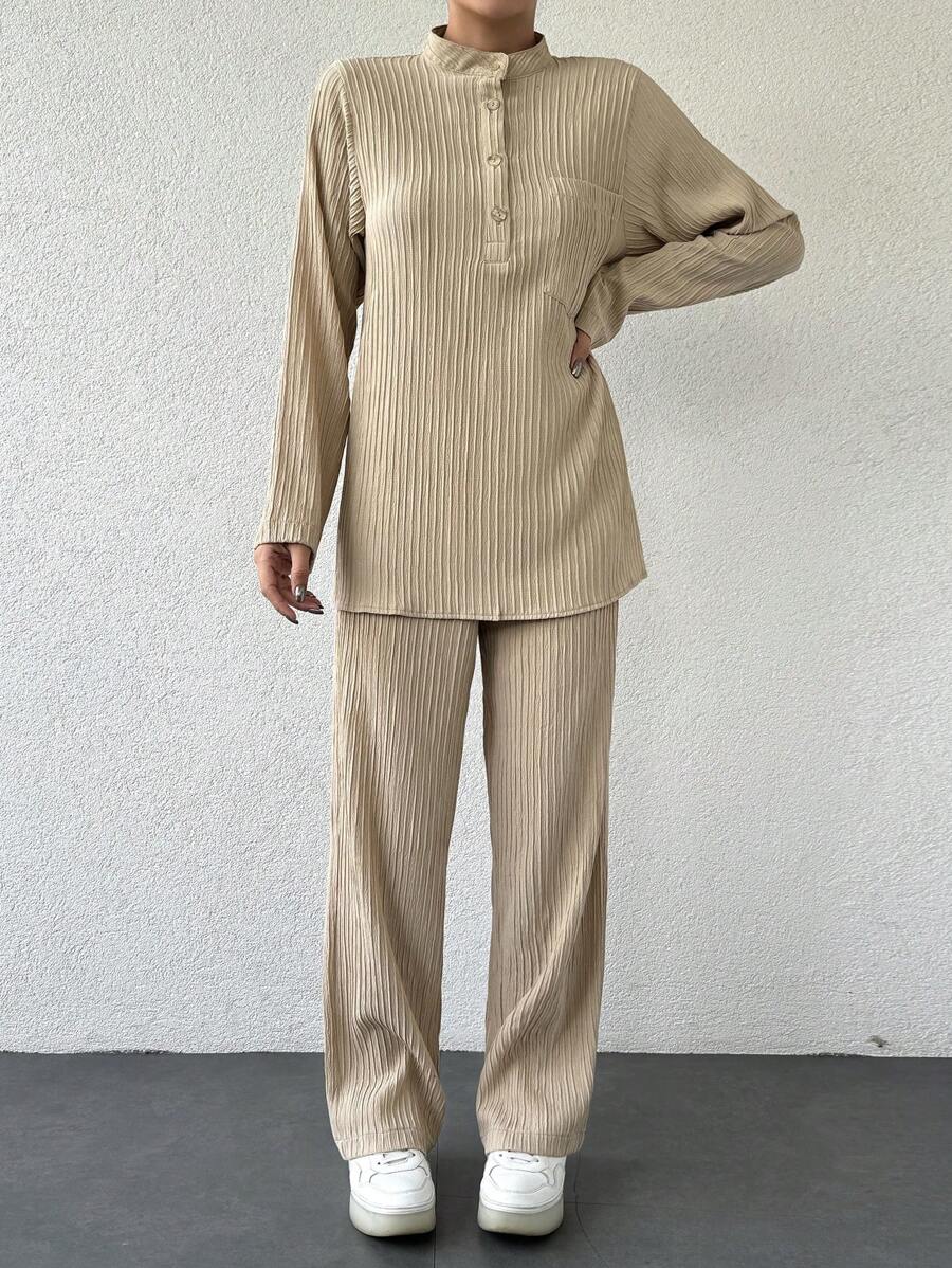 EURMUSE Women's Button Front Long Sleeve Top And Pants Set - Apricot - View 1