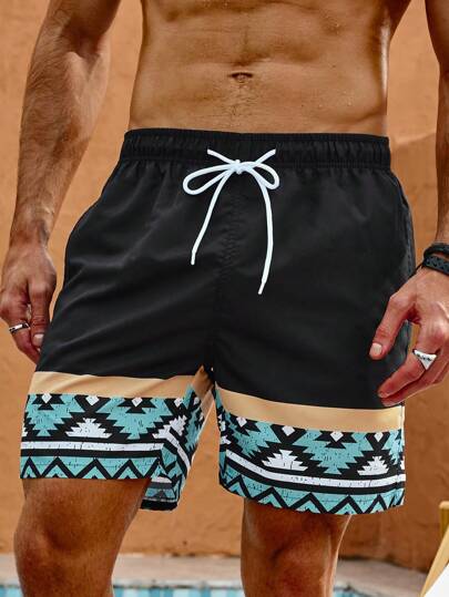 Manfinity Swimmode Men's Geometric Pattern Drawstring Beach Shorts,Hawaiian