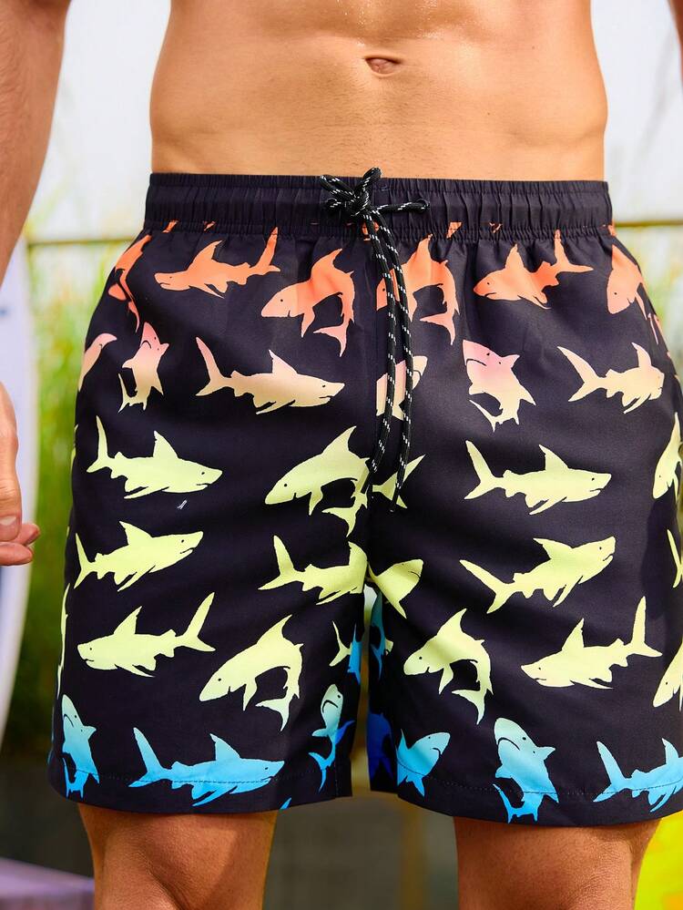 Men's Shark Print Drawstring Waist Beach Shorts