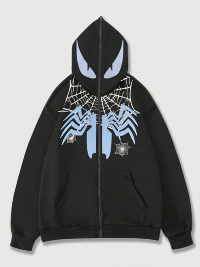 Goth Männer Kapuzenpulli Mit Reißverschluss Vorne Und Cartoon Spider Web Bedruckung