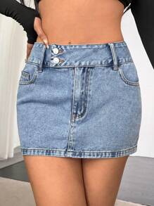 Women's Denim Skirt With Pockets - Blue - View 3