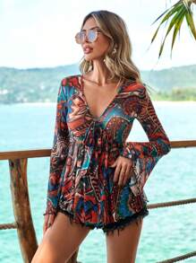 SHEIN VCAY Women's Full Printed Split Sleeve T-Shirt For Vacation