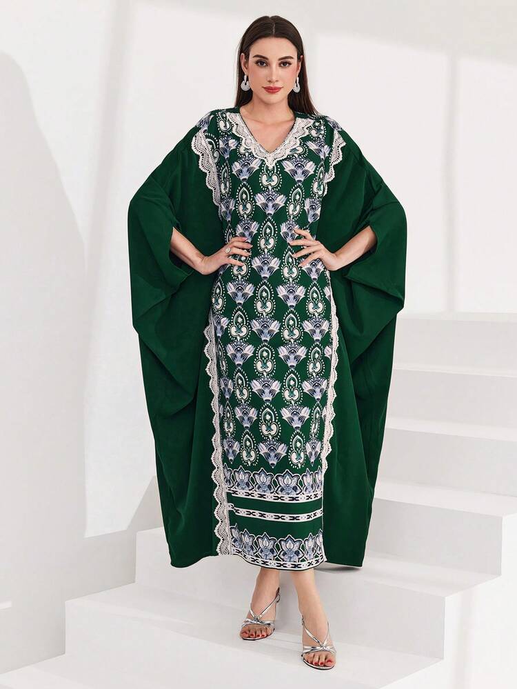 Ladies' Printed Patchwork Lace Border Batwing Sleeve Dress Kaftan Jalabiya Dress