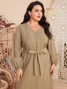 Mulvari Plus Size Solid Color Lantern Sleeve Dress - Khaki - View 5