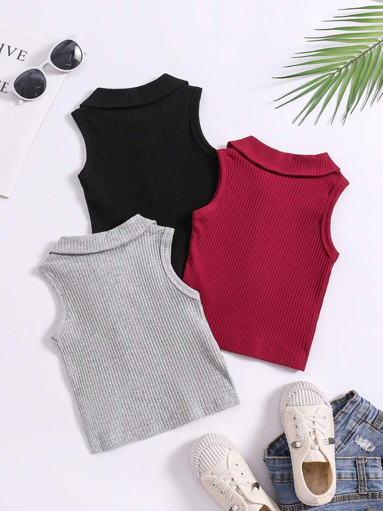 3pcs/Set Baby Girl Variegated Knitted V-Neck Casual Tank Tops