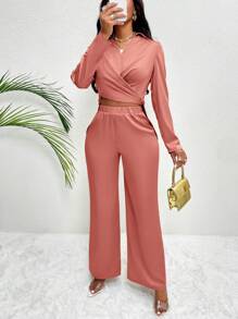 SOLERSUN Cross Wrap Detail Long Sleeve Top And Elastic Waist Pants Two Pieces Set - Dusty Pink - View 4