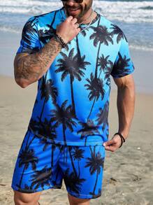 Genlund Men's Plus Size Coconut Tree Print Ombre T-Shirt And Shorts Set - Multicolor - View 1