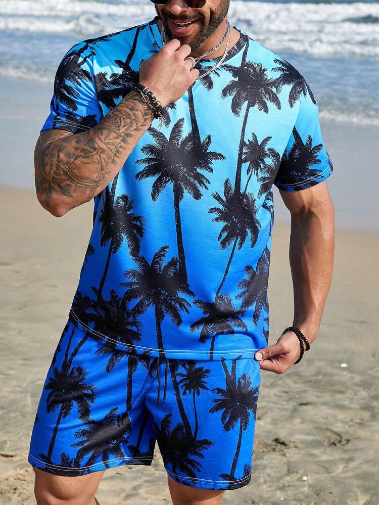 Men's Plus Size Coconut Tree Print Ombre T-Shirt And Shorts Set