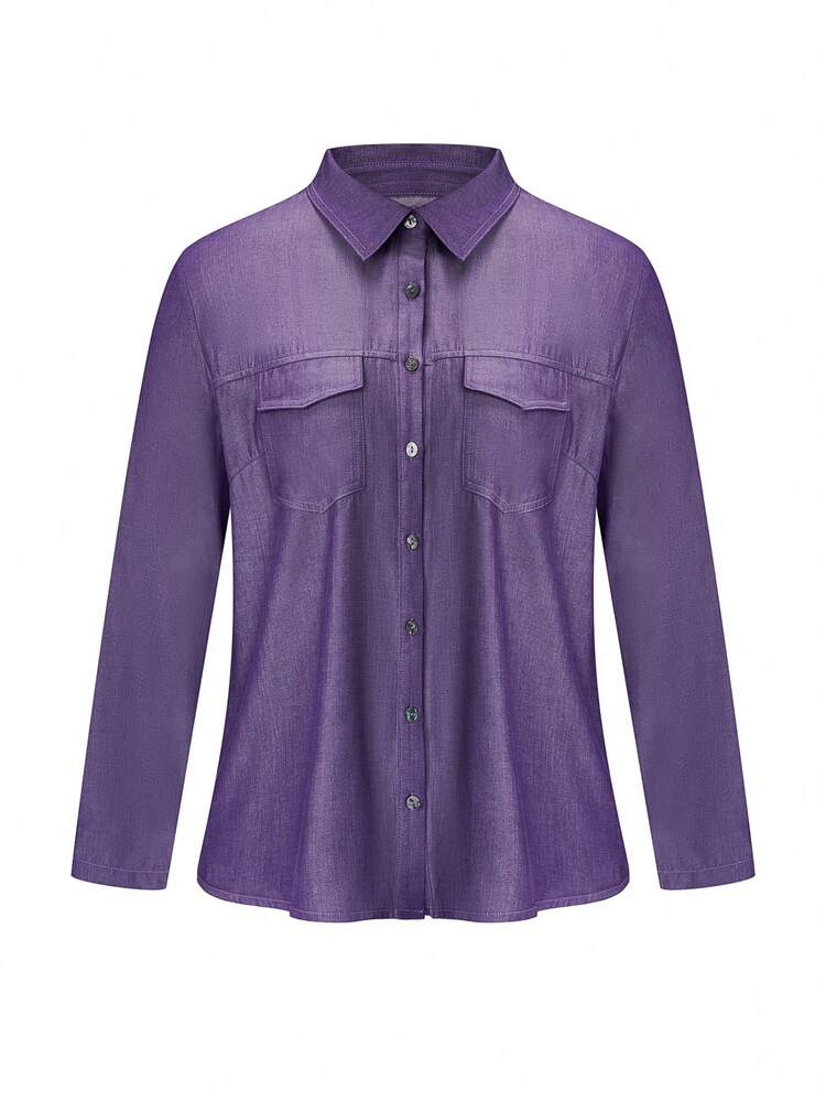 Women's Plus Size Turn-Down Collar Shirt With Flap Pocket Fall Cloth For Women