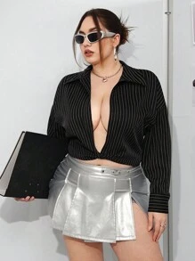 SHEIN ICON Women's Plus Size Striped Drop Shoulder Long Sleeve Shirt - Black and White - View 6