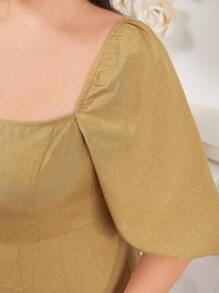 Modelyn Vestido de talla grande para mujer con cuello cuadrado y mangas cortas abullonadas, vestido de invitada de boda - Amarillo - Ver 5