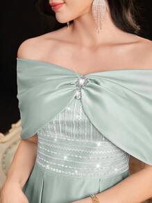 Modelyn 女士露肩水钻装饰连衣裙，优雅晚会礼服长款晚礼服 - 薄荷綠 - 查看 3