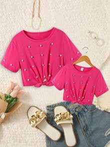 SHEIN Áo thun ngắn tay cổ tròn đính hạt hoa hồng cho bé gái tuổi teen, áo đôi mẹ và bé (hai món được bán riêng) - Màu Hồng Tươi - Xem 6