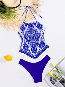 SHEIN Swim Của phụ nữ Hoa In Không tay Áo bikini - Màu xanh lam - Xem 3