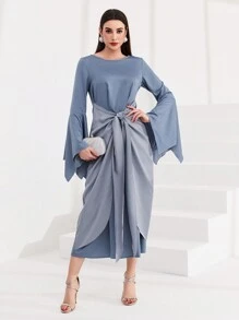 Modelyn Women's Asymmetrical Bell Sleeve Tied Front Dress - Blue - View 5