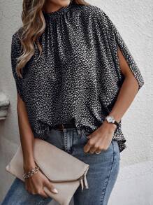 SHEIN Clasi Allover Print Batwing Sleeve Tie Back Blouse - Black and White - View 1