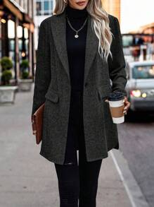 SHEIN LUNE 女裝單排釦斜紋呢料外套,翻領領子設計 - 黑色 - 查看 5