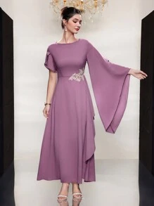 Modelyn Arabic Style Bell Sleeve Round Neck Dress - Purple - View 6