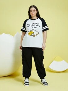 Gudetama X SHEIN Hơn Đồ họa bằng khẩu hiệu và hoạt hình Tương phản Tay Raglan Áo thun - Đen và trắng - Xem 4