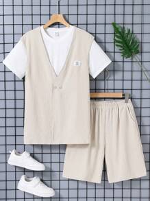 Teen Boy Solid Color Vest, Shorts And T-Shirt Suit With Texture Pattern - Khaki - View 1