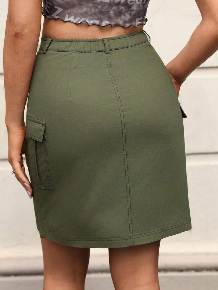 Green Woven Utility A-Line Skirt