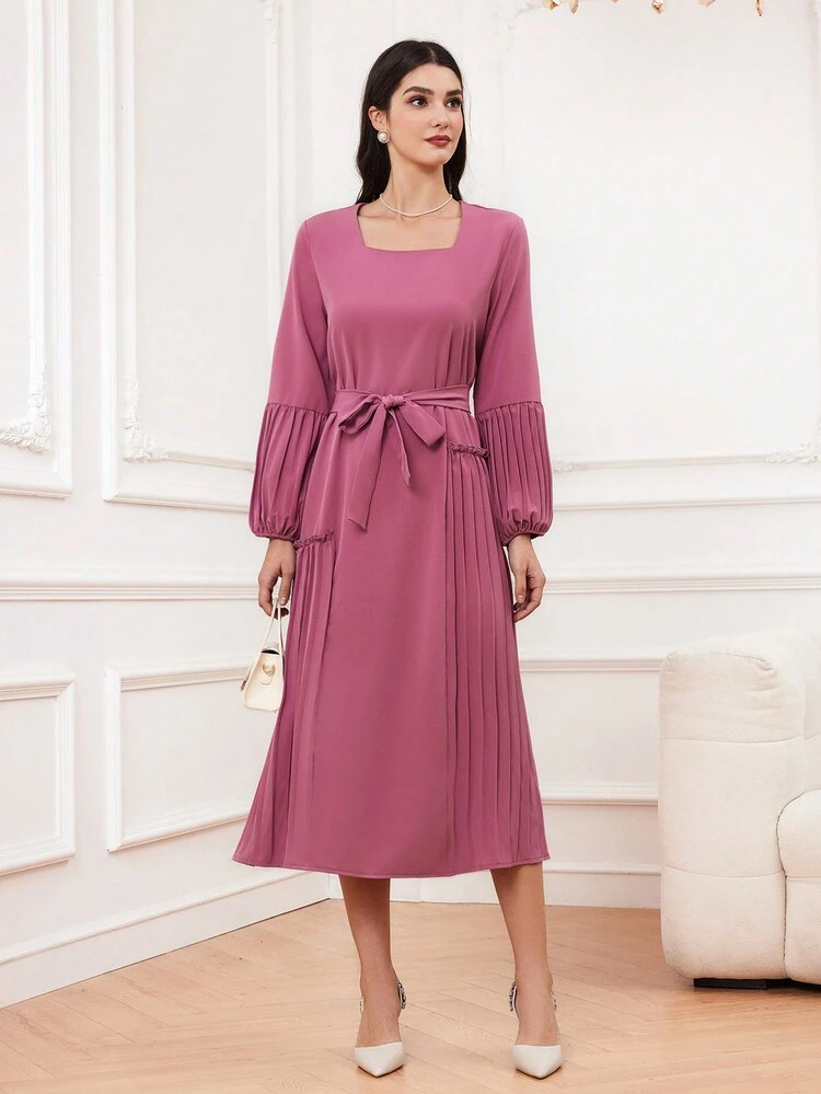 Women's Square Neckline Pleated Lantern Sleeve Dress