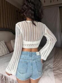 SHEIN EZwear Ladies Round Neck Hollow Out Long Sleeve Cropped Sweater - Beige - View 2