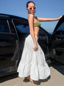 SHEIN ICON Women's Super Low Waist Pleated Ruffle Detail Cake Layered Skirt With Umbrella Shape Swing Hem