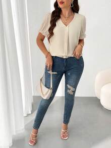 SHEIN Franclia Kích thước lớn Của phụ nữ Thanh lịch Ống tay áo Ngọc trai Giả Áo sơ mi - Màu be - Xem 5