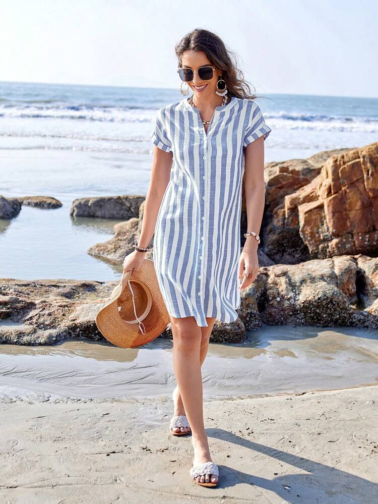 Vestido camisero de verano para mujer, de manga corta, cuello en V y rayas, hasta la rodilla, vestidos de verano para mujer, vacaciones