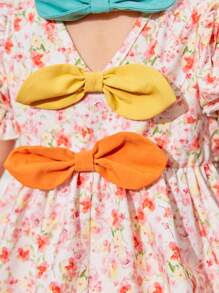 SHEIN Baby Girl Casual Summer Holiday Dress With Floral Print And Bow Tie Short Sleeve