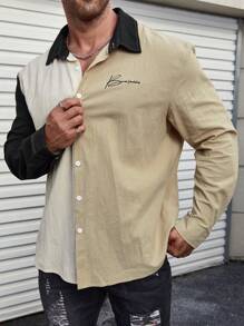 Manfinity Homme Men's Plus Size Color-Blocking Letter Printed Long Sleeve Shacket - Multicolor - View 5