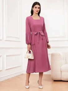Modelyn Của phụ nữ Hình vuông Đường viền cổ áo Xếp li Tay áo lồng đèn Đầm - Màu đỏ tím - Xem 6
