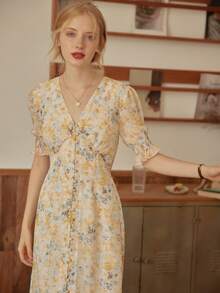 Simple Retro Women Kora Floral Printed Dress - Yellow - View 5