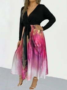 SHEIN Clasi Tay áo dài Nhuộm buộc Bọc Đường viền cổ áo Đầm - Màu Hồng Tươi - Xem 4